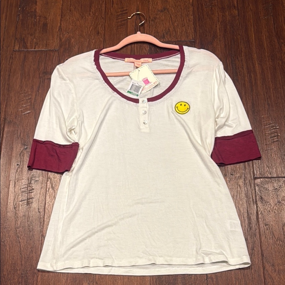 NWT! Large Rebellious One White and Burgundy Henley with Smiley Patch